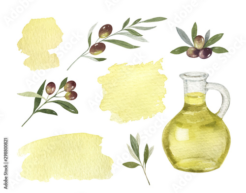 Watercolor vector set of glass bottle of olive oil, branches and spots.