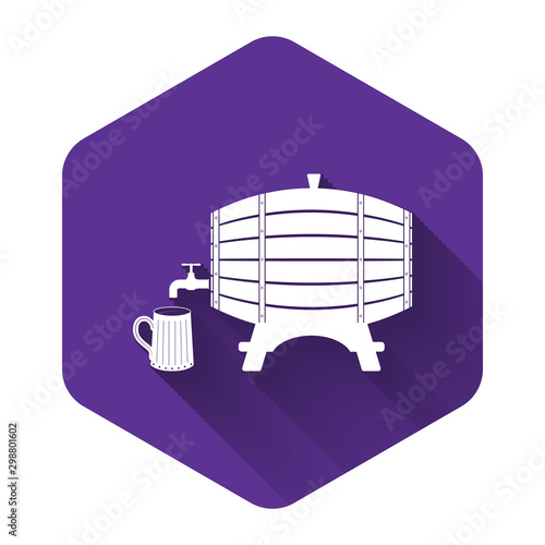 White Wooden barrel on rack with stopcock and wooden beer mug icon isolated with long shadow. Purple hexagon button. Vector Illustration