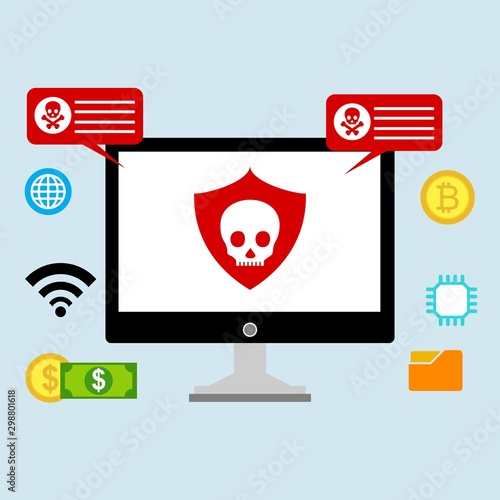 Flat design style modern vector illustration concept of computer and laptop with virus alert message, trojan and worm distribution via internet, software, equipment, antivirus and firewall protection.