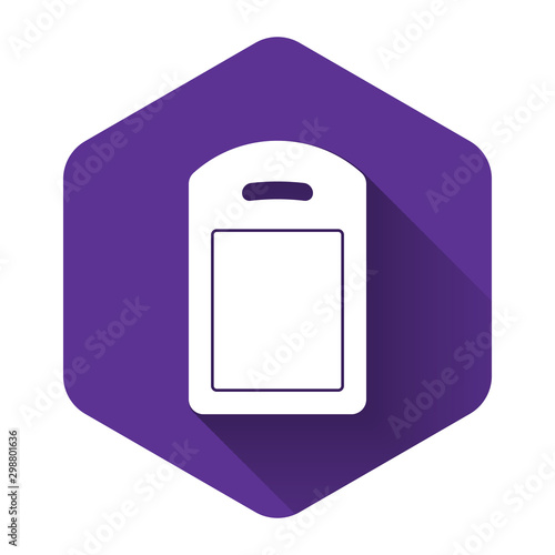 White Cutting board icon isolated with long shadow. Chopping Board symbol. Purple hexagon button. Vector Illustration