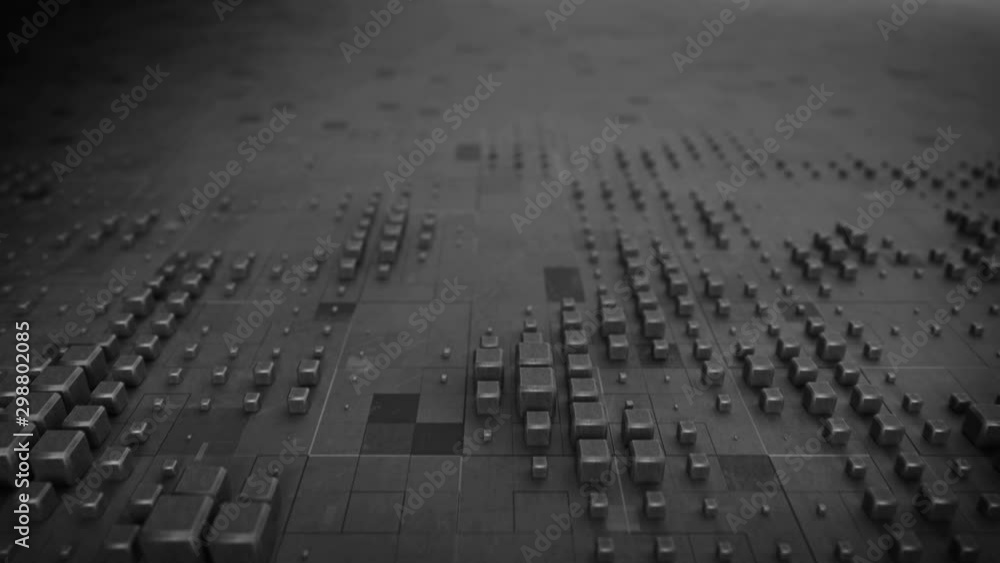 Dolly shot of dark grey metallic blocks on plane. Abstract futuristic industry concept. Seamless loop 3D render animation 4k UHD 3840x2160 Dolly shot of dark grey metallic blocks on plane. Abstract futuristic industry concept. Seamless loop 3D render animation 4k UHD 3840x2160