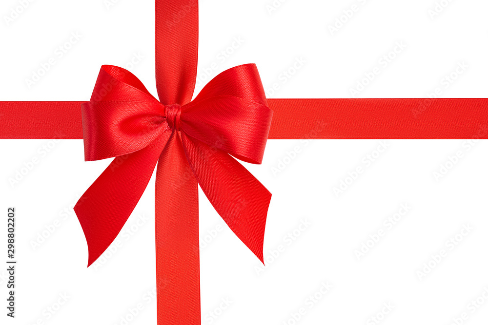 Flat lay amazing beautiful four-loop gift bow and red bright shiny silk ribbon tied with a cross isolated on white background Flat lay amazing beautiful four-loop gift bow and red bright shiny silk ribbon tied with a cross isolated on white background