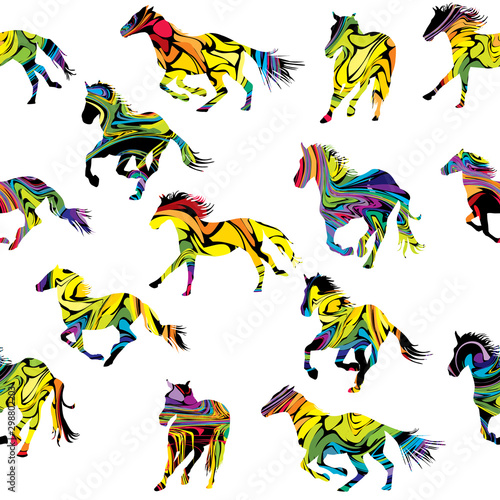 Colorful silhouettes of horses seamless background