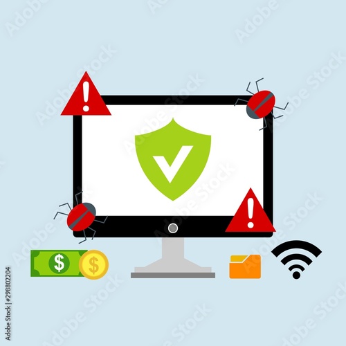 computer virus design with virus alert message, trojan ,virus , antivirus and firewall protection., vector illustration