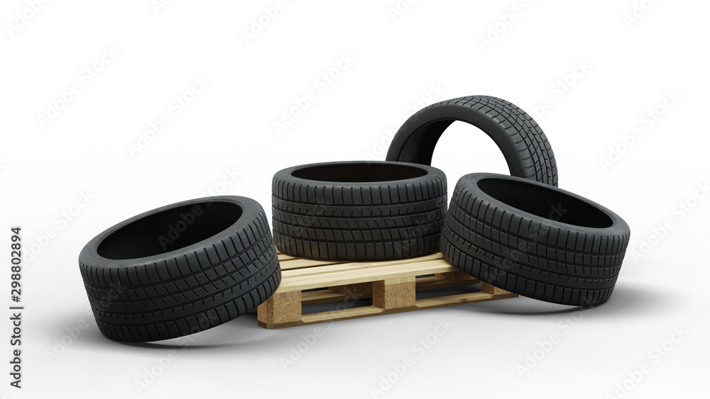 Wood pallet with Four Large Sport Tire in a jumble Wood pallet with Four Large Sport Tire in a jumble