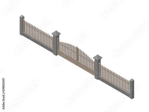 Wooden fence with gate. Isolated on white background. Vector illustration.