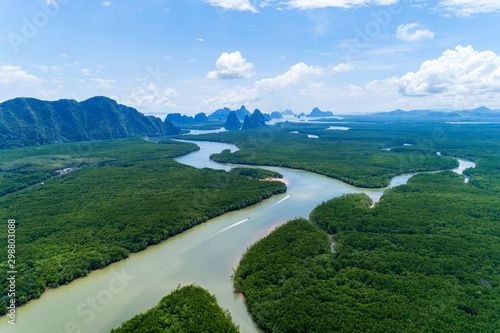 Beautiful natural scenery of landscape view in Asia tropical mangrove forest with small island in background, aerial view drone shot High angle view