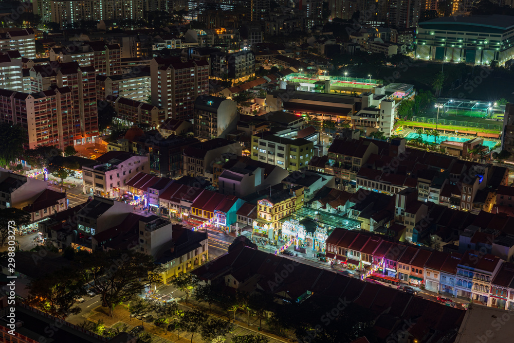Cityscape of Little India district at night 