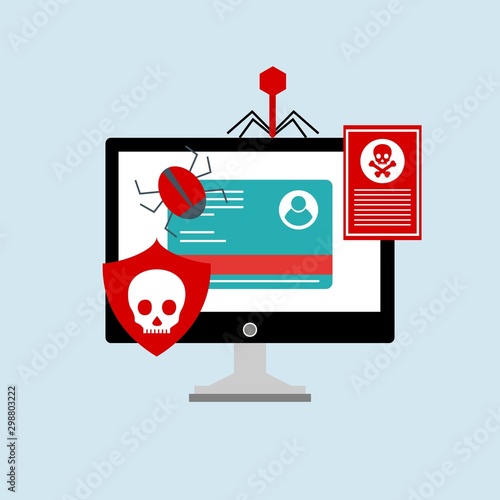 Ransomware malware wannacry risk symbol hacker cyber attack concept computer virus infection infographic. Vector online hacker risk illustration