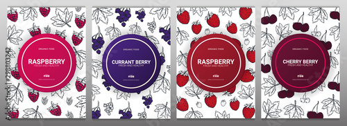Sert of Berries banners with raspberries, strawberries, currants and cherries. Food design template with berry.