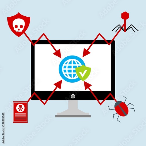 Ransomware malware wannacry risk symbol hacker cyber attack concept computer virus infection infographic. Vector online hacker risk illustration