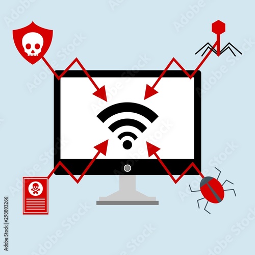 Ransomware malware wannacry risk symbol hacker cyber attack concept computer virus infection infographic. Vector online hacker risk illustration