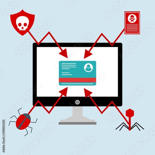 Ransomware malware wannacry risk symbol hacker cyber attack concept computer virus infection infographic. Vector online hacker risk illustration