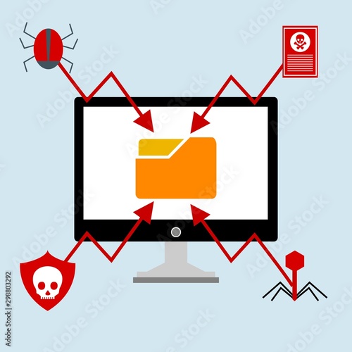 Ransomware malware wannacry risk symbol hacker cyber attack concept computer virus infection infographic. Vector online hacker risk illustration