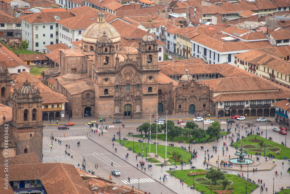 View from the mountain of the Company of Jesus Church and Plaza Mayor in Cusco (Peru)