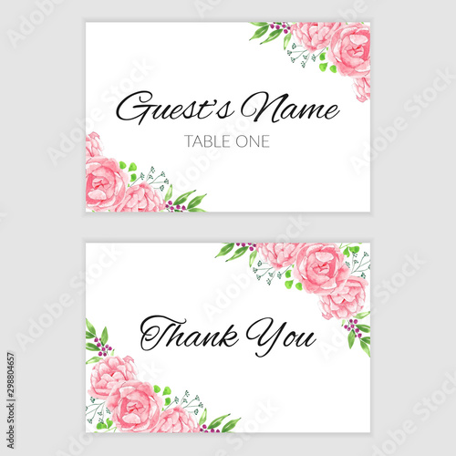 Thank you card template with pink watercolor flower frame