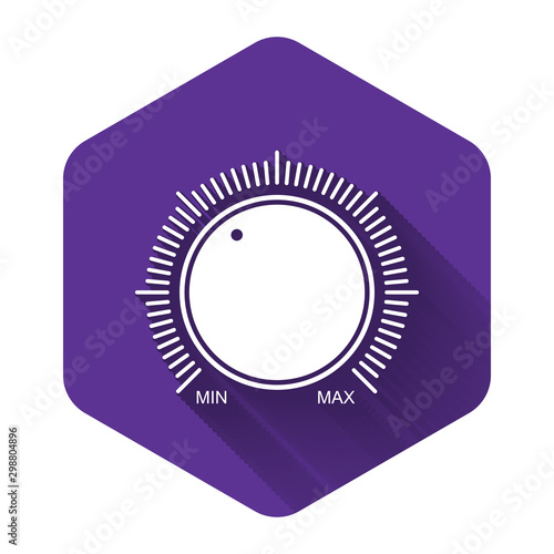 White Dial knob level technology settings icon isolated with long shadow. Volume button, sound control, music knob with number scale, analog regulator. Purple hexagon button. Vector Illustration