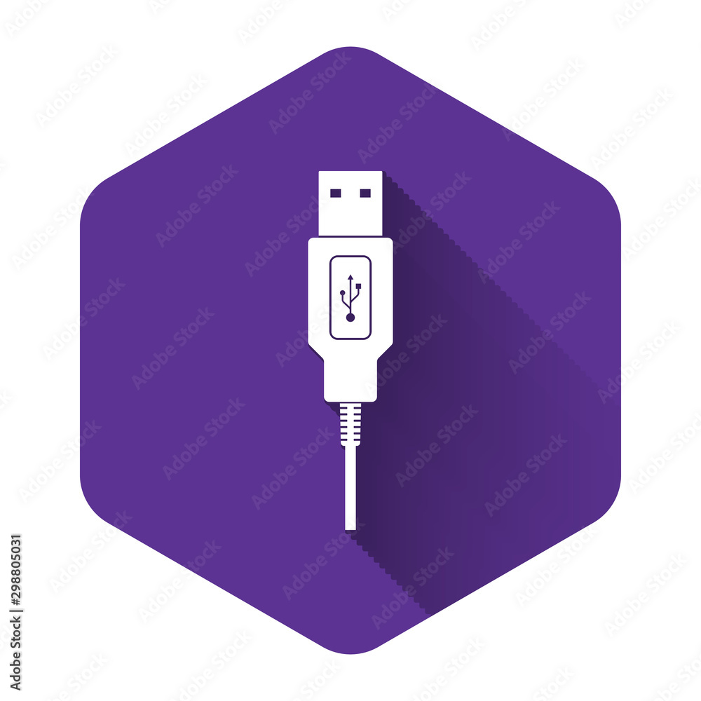 White USB cable cord icon with long shadow. Connectors and sockets for PC and mobile devices. Computer peripherals connector or smartphone recharge supply. Purple hexagon button. Vector Illustration White USB cable cord icon with long shadow. Connectors and sockets for PC and mobile devices. Computer peripherals connector or smartphone recharge supply. Purple hexagon button. Vector Illustration