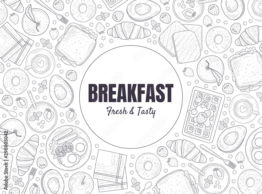 Fresh and Tasty Breakfast Banner Template, Morning Food Menu Vintage Hand Drawn Vector Illustration