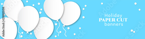 Horizontal banner for congratulations. White flying balls on a blue background. Design in the style of paper cut, art for birthday, wedding.