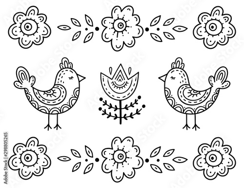 Funny cartoon children s coloring. Two birds with their eyes closed surrounded by flowers. Scandinavian style children s drawing. Folk art.