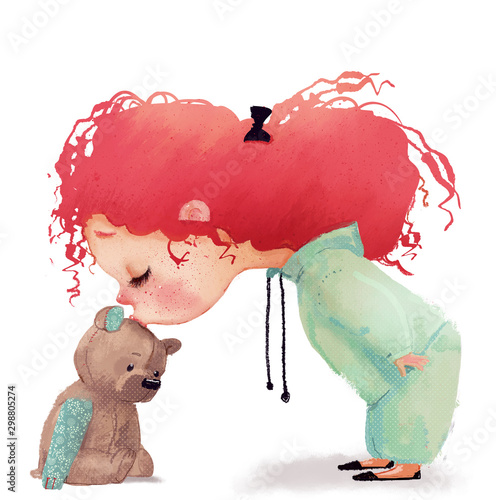 Fototapeta Naklejka Na Ścianę i Meble -  baby girl with red curled hairs kiss her teddy bear