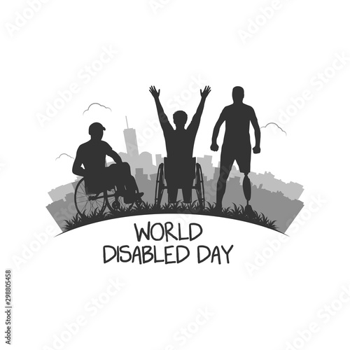 International Day of Persons with Disabilities.Men in wheel chair and man with prosthesis