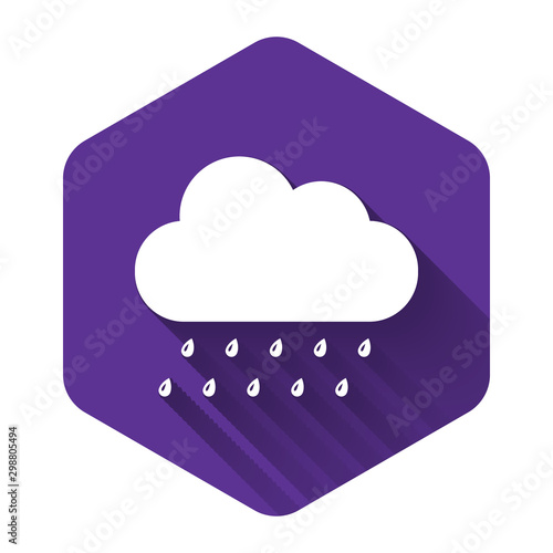White Cloud with rain icon isolated with long shadow. Rain nimbus cloud precipitation with rain drops. Purple hexagon button. Vector Illustration