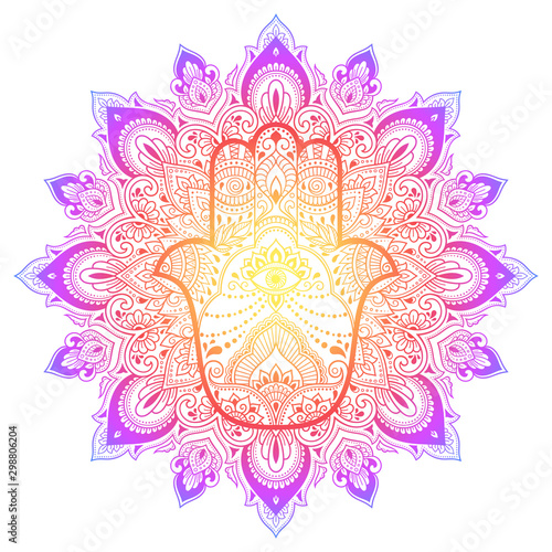 Color Circular pattern in form of mandala with ancient hand drawn symbol Hamsa for decoration. Decorative ornament in oriental style. Rainbow design on white background. "Hand of Fatima".