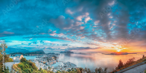 Alesund, Norway. Amazing Natural Bright Sunset Dramatic Sky In Warm Colours Above Alesund Islands. Famous Norwegian Landmark And Popular Destination. Panorama, Top View