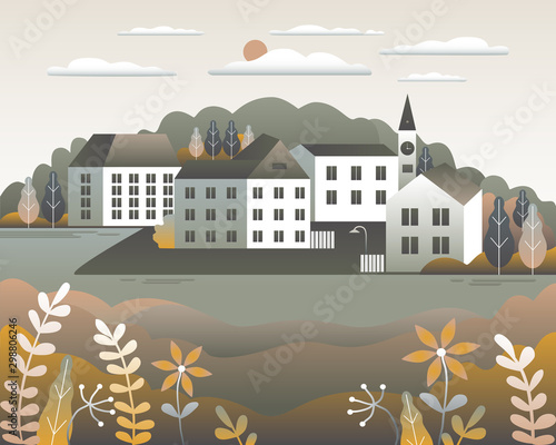 Countryside landscape. Country motif with farm Beautiful city with houses, clock tower, ferris wheel. Nature with mountains, hills, field, trees, forest and lake Cartoon illustration vector background