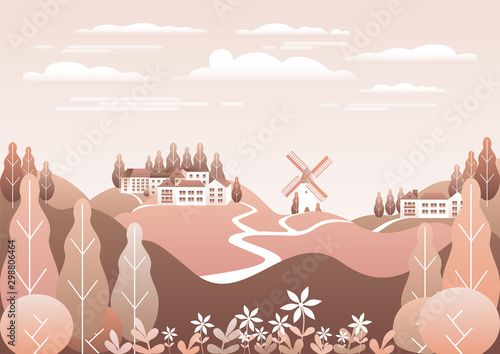 Countryside landscape. Country motif with farm. Beautiful city with houses, milll. Nature with mountains, hills, field, trees, forest. Cartoon illustration vector background flat style design photo