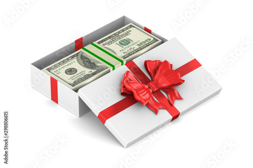 Fotografija open white gift box with money on white background