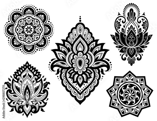 Big set of Mehndi flower pattern, lotus and mandala for Henna drawing and tattoo. Decoration in ethnic oriental, Indian style.