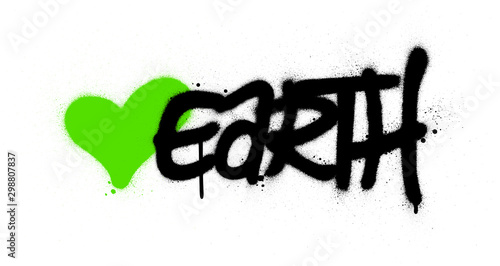 graffiti earth word with green heart sprayed over white