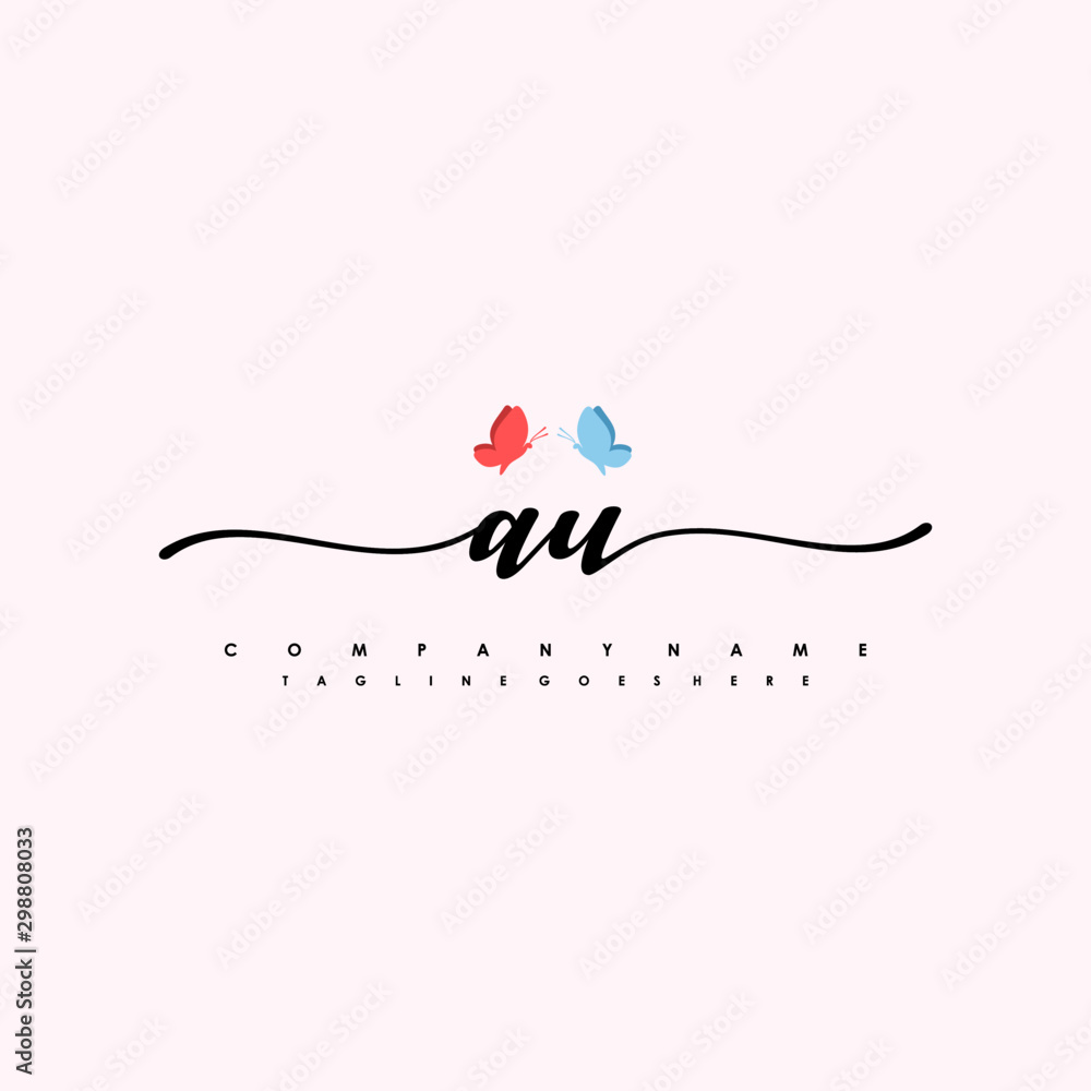 Initial AU with a butterfly on the handwriting Logo vector. Letter Logo Handwriting Template. two blue and ping butterflies Initial AU with a butterfly on the handwriting Logo vector. Letter Logo Handwriting Template. two blue and ping butterflies
