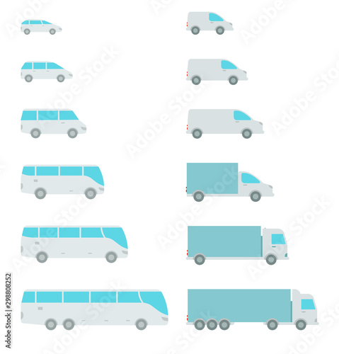 The size of the transport icons. Compact standard long. Transportation of passengers buses and cargo trucks. From small to large. Vector set.