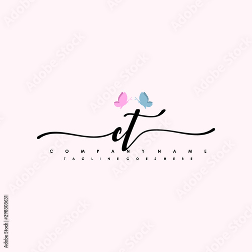 Initial CT with a butterfly on the handwriting Logo vector. Letter Logo Handwriting Template. two blue and ping butterflies