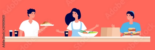 Reataurant staff. Fast food workers with dishes and drinking. Vector cafe team characters, take away coffee. Service staff worker in fast food cafe or restaurant illustration