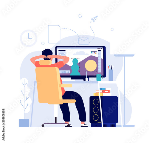 Graphic designer concept. Man at computer works at home office with graphic editor app on monitor and makes design. Vector background. Illustration designer job, freelance workplace