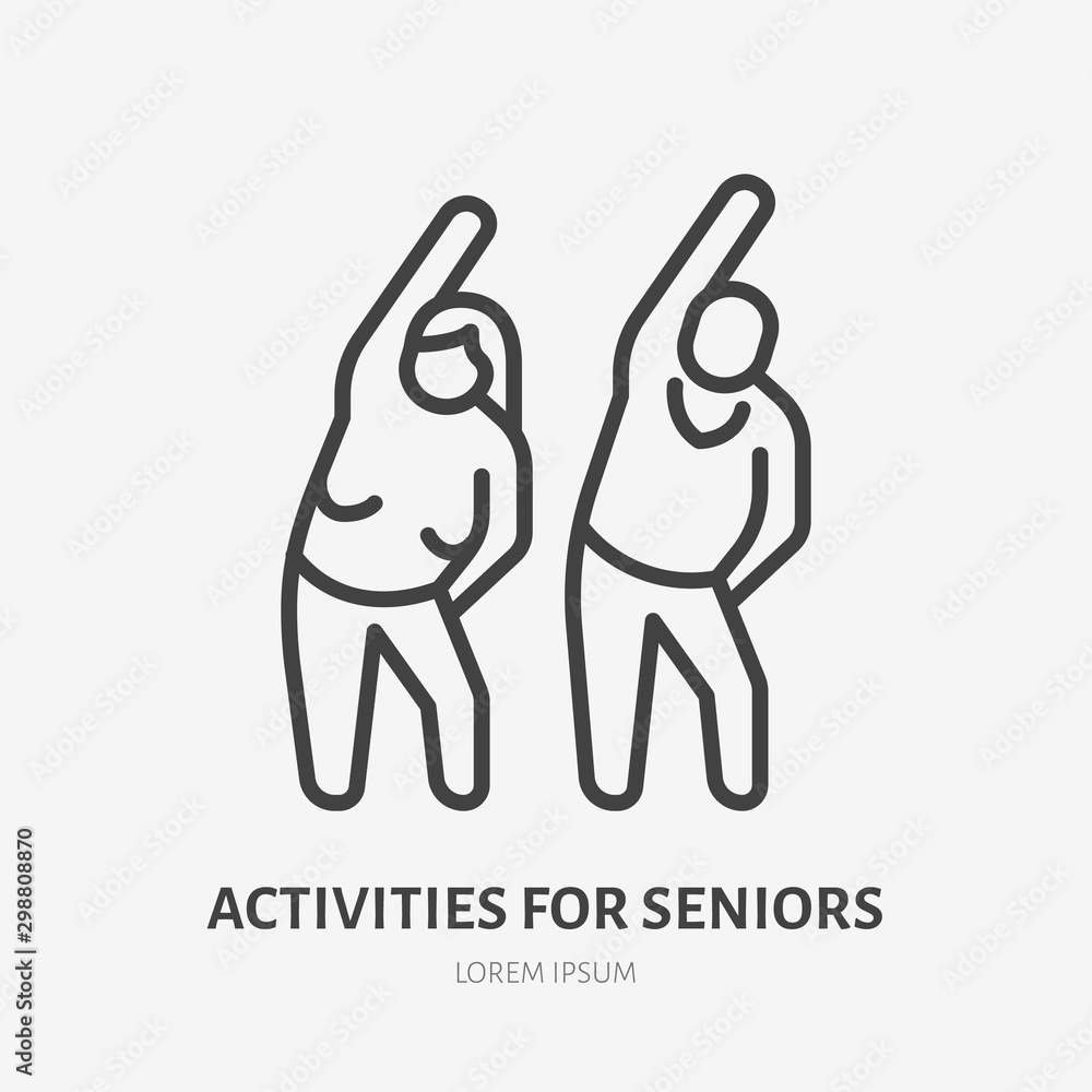 Senior exercise flat line icon. Old people stretch vector illustration ...