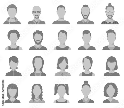 Profile icons. Male and female head silhouettes avatar, user icons, people portraits. Vector set of profile interface user, head human man and woman illustration