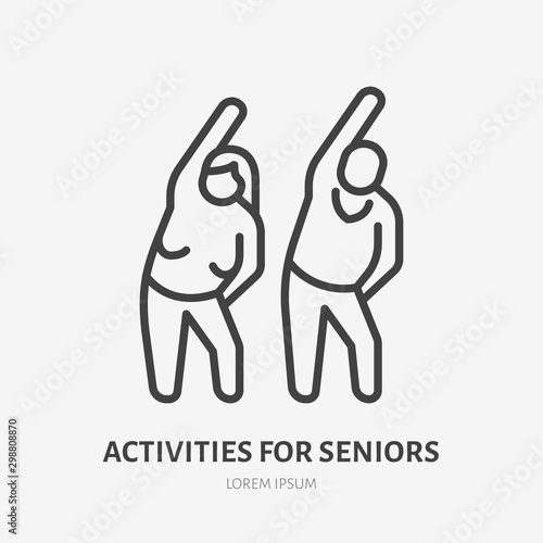 Senior exercise flat line icon. Old people stretch vector illustration. Thin sign of elderly couple doing sport together