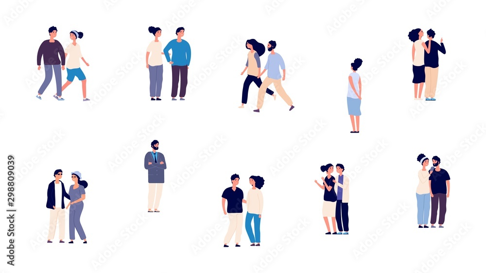 Romantic couples. Single girl man and people in love vector characters. Flat man and woman on walk isolated on white background. Couple love man and woman romantic, happy people romance illustration