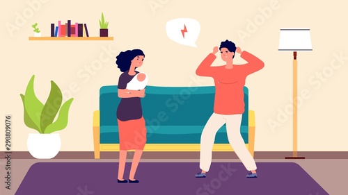 Domestic violence. Emotional abuse vector illustration. Angry man, female abused and newborn. Family conflict and quarrel, violence relationship, anger people