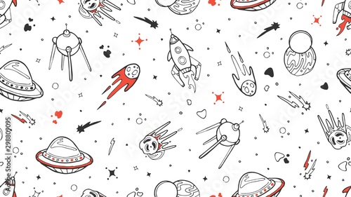 Space pattern. Vector kids seamless texture with doodle rocket, planet, stars. Space, Universe illustration rocket and planet star, asteroid background