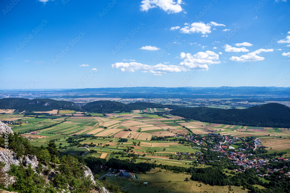 Panoramic view of Hohe wand in Austria. Beautiful blue sky, clouds, rocks and plain.