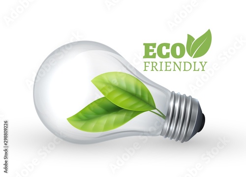 Eco light bulb. Eco friendly glass bulb with green leaf inside. Vector lamp isolated on white background. Illustration eco energy green, electricity renewable