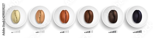 Coffee roasting guide. Realistic coffee beans in various roasting stages on white plates vector illustration. Caffeine drink roasted, coffee bean natural