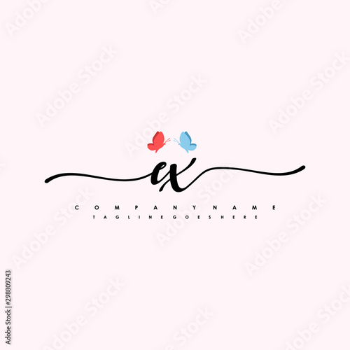 Initial EX with a butterfly on the handwriting Logo vector. Letter Logo Handwriting Template. two blue and ping butterflies
